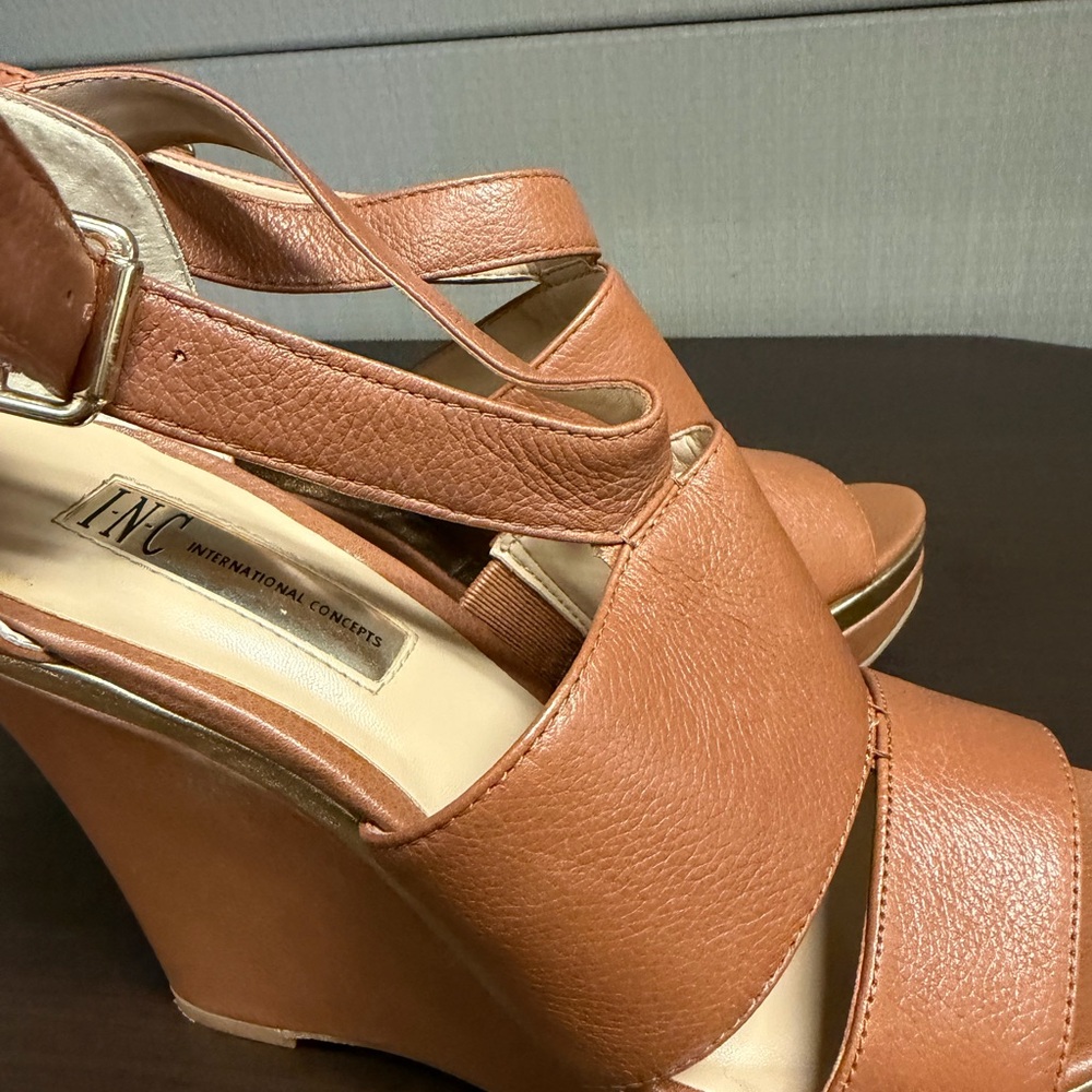 INC Tan Wedge Sandals Size 7 | Platform Ankle Strap | EUC - Picture 3 of 4